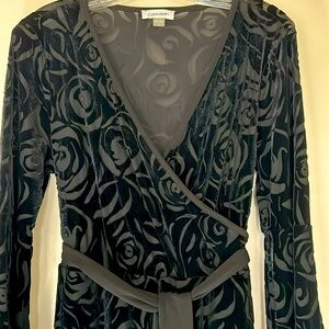 New Calvin Klein dress- black velvet roses design, long bell sleeves, size 12